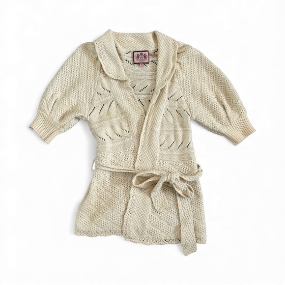 YTG Juicy Couture Open Knit Wrap Cardigan Womans SZ Med Y2k Coquette Romantic - Picture 3 of 14